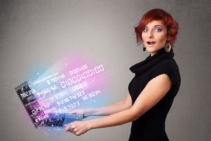 Casual woman holding laptop with exploding data and numers